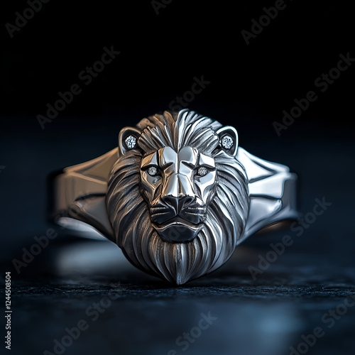 A signet ring , silver , matte , futuristic brutalism , white diamond , lion mystic face , minimalistic