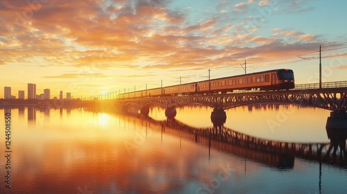 Wallpaper Mural A scenic view of a train crossing a bridge during sunset, reflecting on the calm waters below. The skyline adds charm to this beautiful urban landscape. Torontodigital.ca