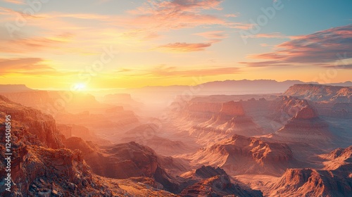 Breathtaking sunrise illuminating vast canyons, creating a serene atmosphere with vibrant colors reflecting off rugged terrains and distant mountains. photo