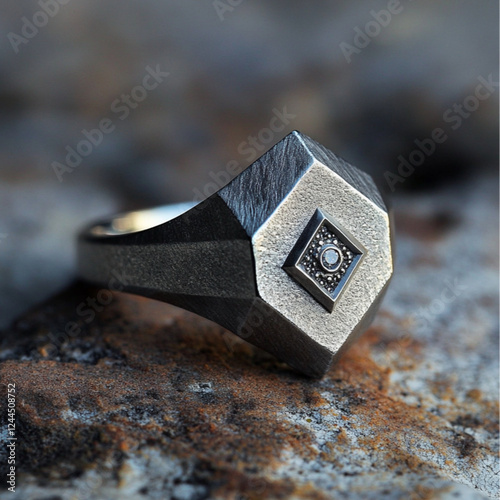 A signet ring , silver , matte , futuristic brutalism , white diamond , seraphim mystic face , minimalistic photo