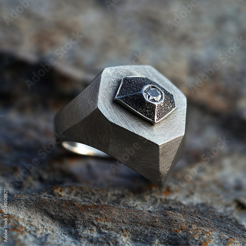 A signet ring , silver , matte , futuristic brutalism , white diamond , seraphim mystic face , minimalistic photo