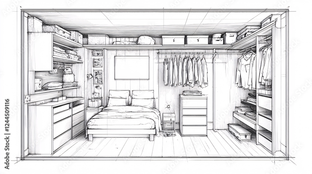 A black and white sketch of a compact bedroom with an integrated walk-in closet featuring organized shelves and modern furniture
A black and white sketch of a compact bedroom with an integrated walk-in closet featuring organized shelves and modern furniture