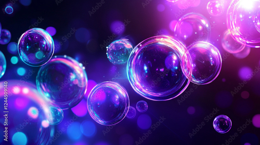 Vibrant microscopic soap bubbles floating against a rich purple background, intricate iridescent reflections creating a mesmerizing abstract composition Vibrant microscopic soap bubbles floating against a rich purple background, intricate iridescent reflections creating a mesmerizing abstract composition
