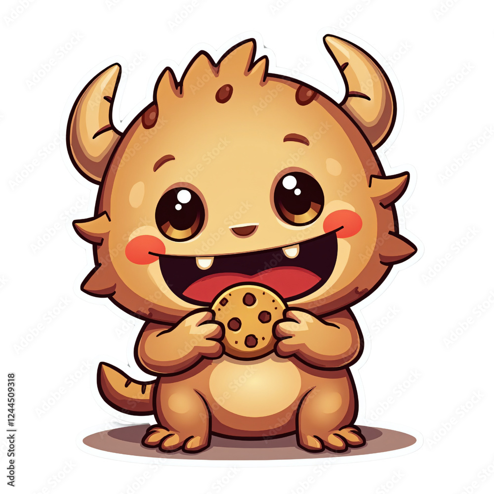 Fototapeta premium cute little monster as a mascot, eating a detailed and crunchy cookie, Generative Ai