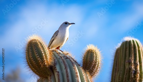 Striking Curvebilled Thrasher perched on Majestic Saguaro Cactus against a Desert Sunset Sky, Showcasing Southwestern Wildlife and Scenic Beauty photo