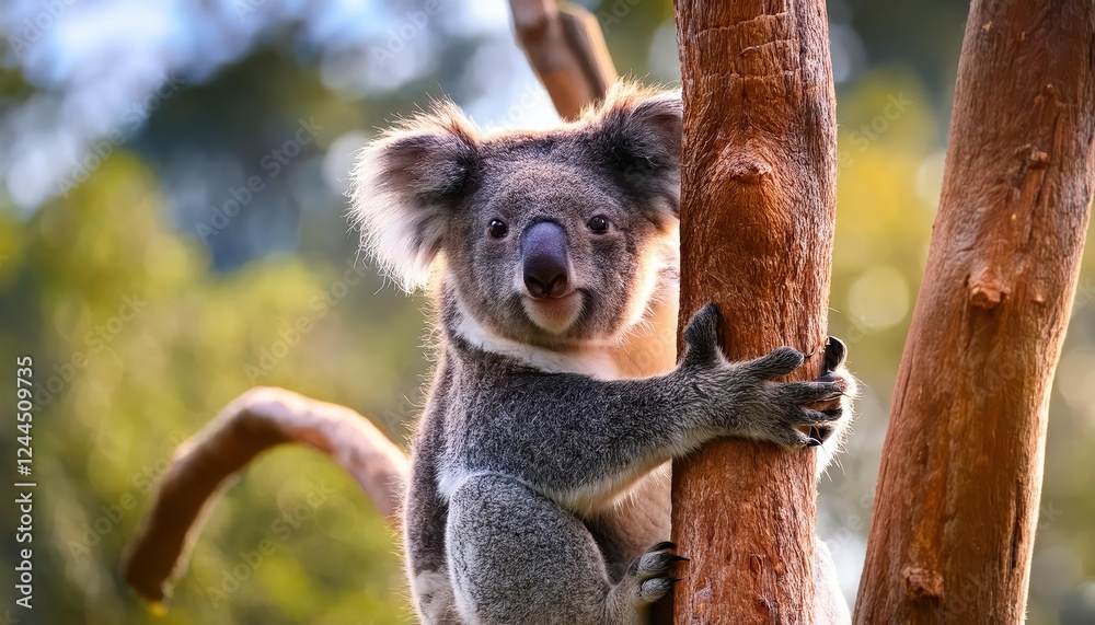 Obraz premium Adorable Koala Lounging in a Gum Tree at Featherdale Wildlife Park, Showcasing Playful Expressions and Cozy Fur Texture against the Backdrop of an Australian Bushland.