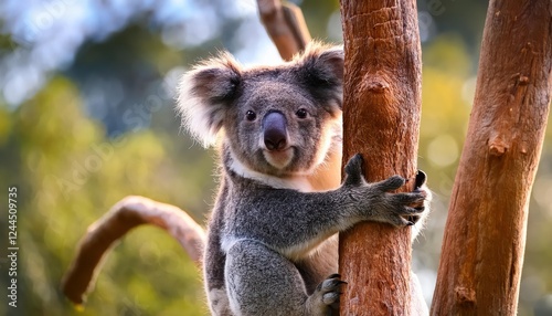 Adorable Koala Lounging in a Gum Tree at Featherdale Wildlife Park, Showcasing Playful Expressions and Cozy Fur Texture against the Backdrop of an Australian Bushland.