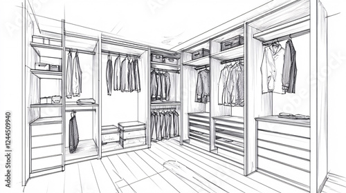 Wallpaper Mural A clean and modern walk-in closet sketched in black and white showcasing organized shelves and hanging clothes in a minimal design  
 Torontodigital.ca