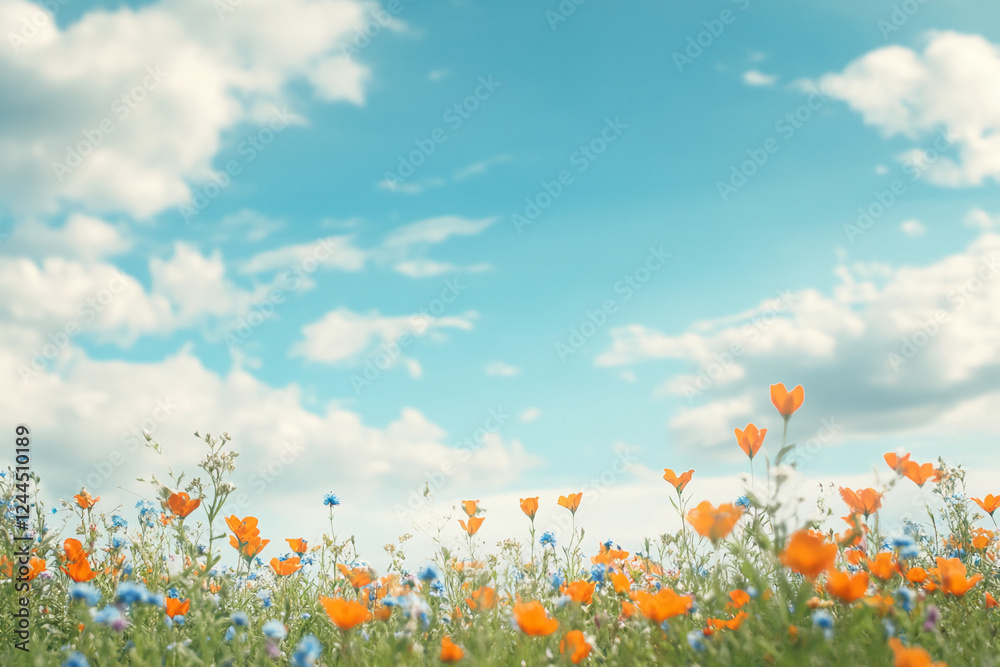Field of orange and blue wildflowers under a bright blue sky with fluffy clouds, symbolizing the beauty of spring, nature's renewal, and the vibrant colors of the season. Field of orange and blue wildflowers under a bright blue sky with fluffy clouds, symbolizing the beauty of spring, nature's renewal, and the vibrant colors of the season.