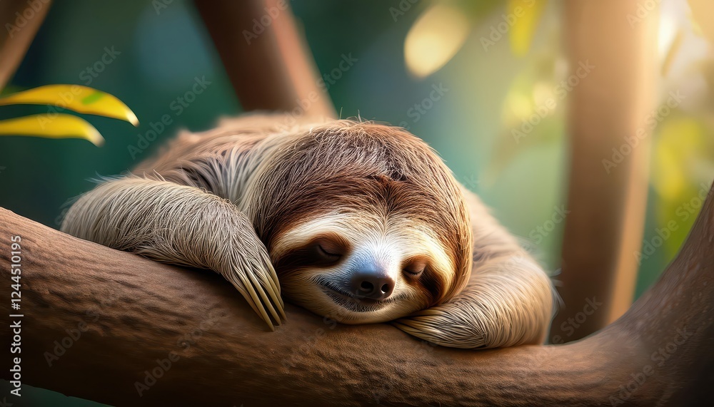 Sweet Slumber Brown Sloth Nestled among Greenery on a Tree Bark Haven, Basking in the Tranquil Tropical Canopy at Dawn Sweet Slumber Brown Sloth Nestled among Greenery on a Tree Bark Haven, Basking in the Tranquil Tropical Canopy at Dawn