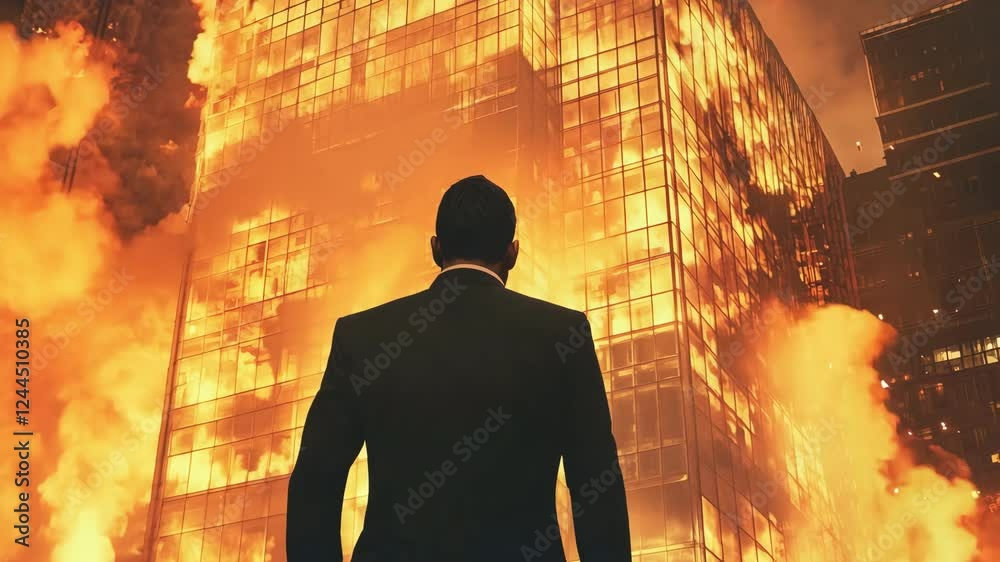 Low angle shot of a towering glass skyscraper engulfed in flames, with a suited man in silhouette watching from below. For deep state political meme.