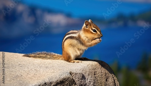 Adorable Chipmunk Perched on Stone Ledgestone in Stunning Crater Lake National Park Scenery, Oregon at Dusk, Displaying a Captivating Play of Light and Shadow. photo