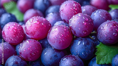 Wallpaper Mural Close-up of fresh, ripe, dewy grapes with tiny water droplets, highlighting their rich purple hue and natural texture with a blurred green leaf in the background Torontodigital.ca