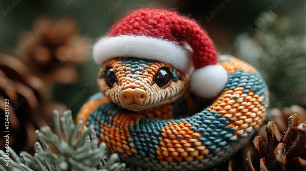 Fototapeta premium A colorful knitted snake wearing a Santa hat, surrounded by pinecones and greenery.