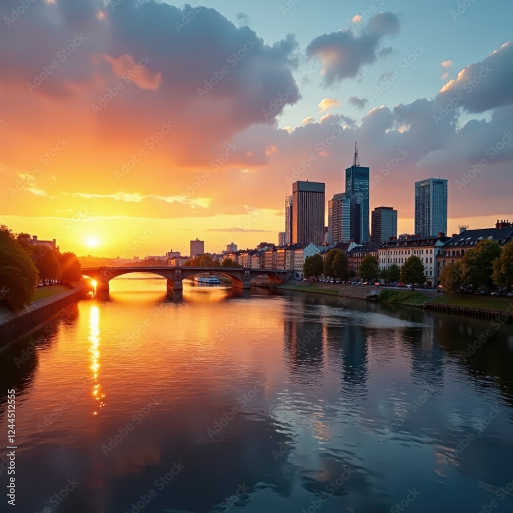 Fototapeta premium Golden hour illuminates Frankfurt skyline, Main river reflects , illuminated, germany