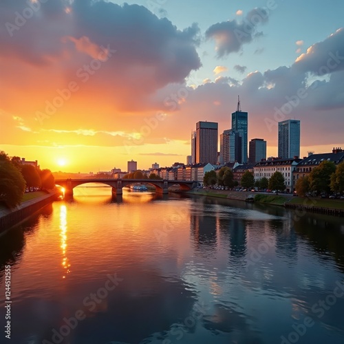 Wallpaper Mural Golden hour illuminates Frankfurt skyline, Main river reflects , illuminated, germany Torontodigital.ca