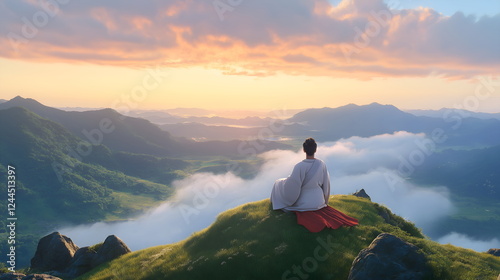 Samurai meditating on a mountain peak, a breathtaking view of Japan's countryside below, Bushido inner peace