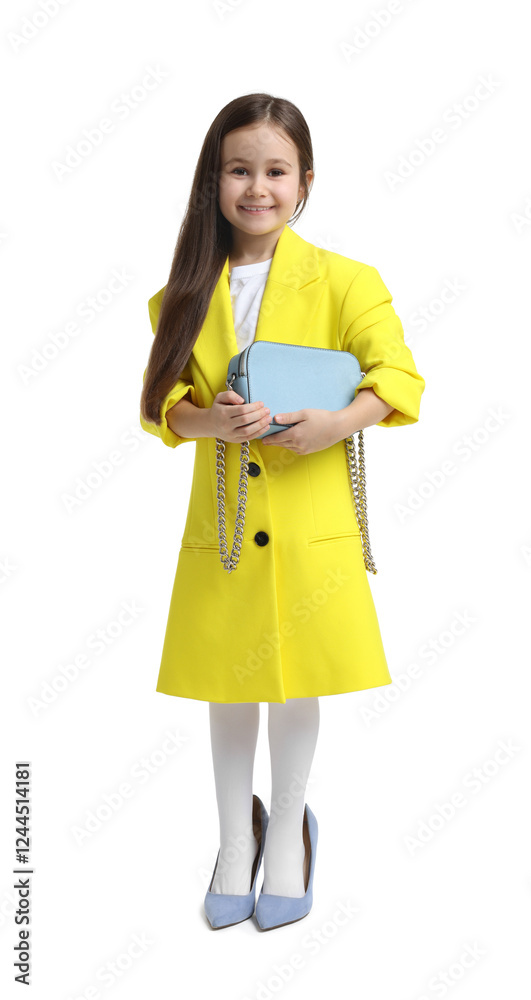 Stylish little girl wearing oversized high heeled shoes on white background Stylish little girl wearing oversized high heeled shoes on white background