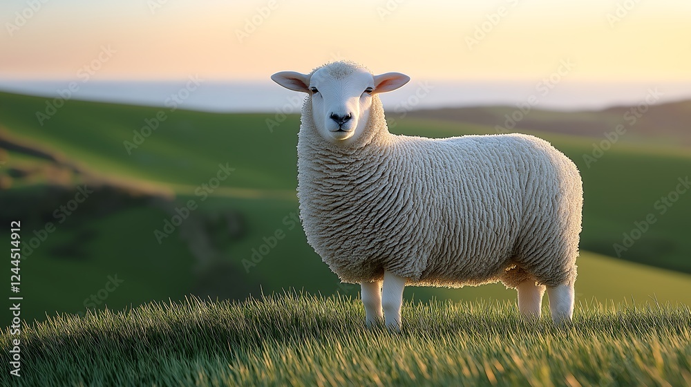 Obraz premium a solitary sheep standing at the base of a rolling green grassy hill