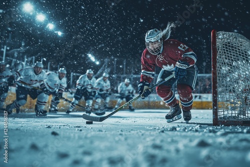 Action-packed ice hockey game under night lights on a snowy rink photo