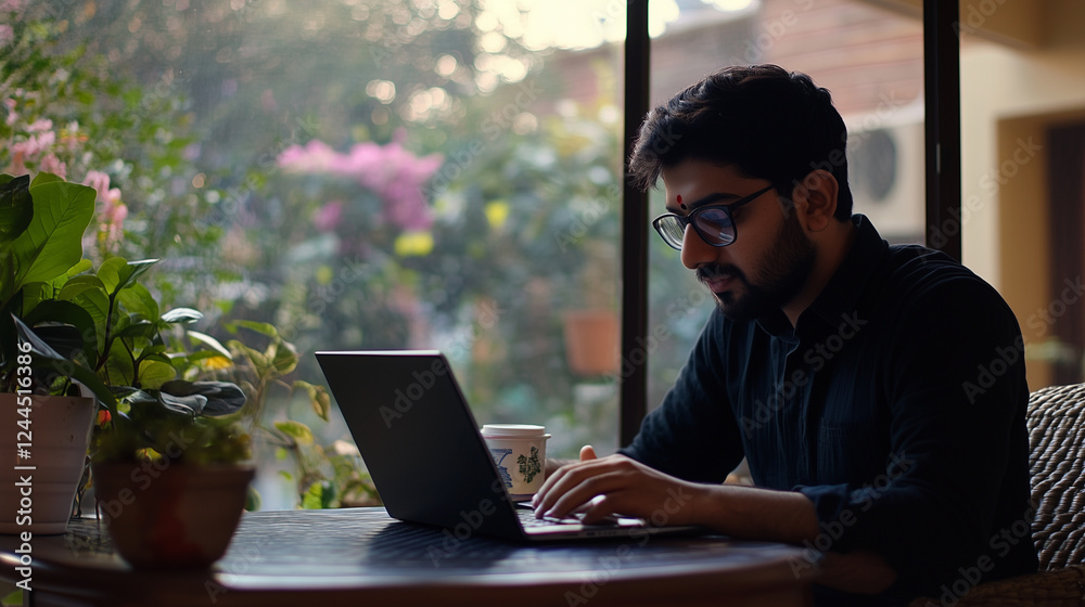 Professional working remotely on laptop near window, surrounded by indoor plants, enjoying tea during home office session Professional working remotely on laptop near window, surrounded by indoor plants, enjoying tea during home office session