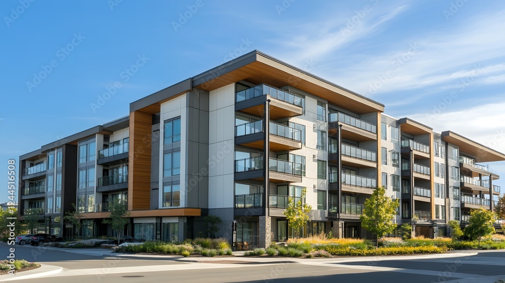 A modern apartment complex with sleek architecture and balconies, set against a clear blue sky A modern apartment complex with sleek architecture and balconies, set against a clear blue sky