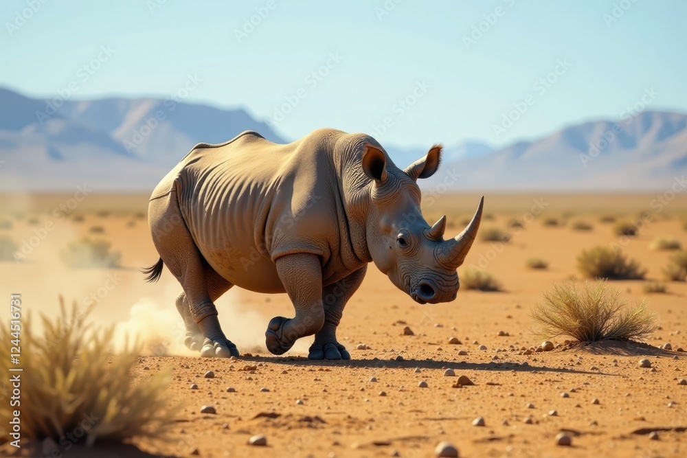 Fototapeta premium Rhinoceros roaming open desert landscape under clear sky, wildlife, open space,