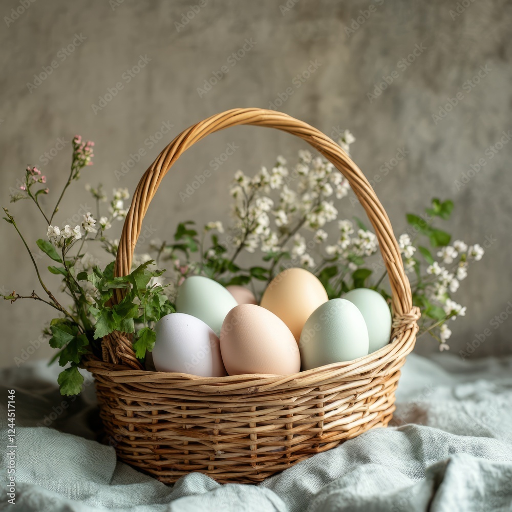 A light and fresh Easter still life featuring a basket of pastel eggs and soft greenery A light and fresh Easter still life featuring a basket of pastel eggs and soft greenery