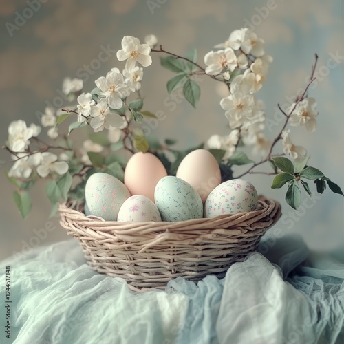 A light and fresh Easter still life featuring a basket of pastel eggs and soft greenery 