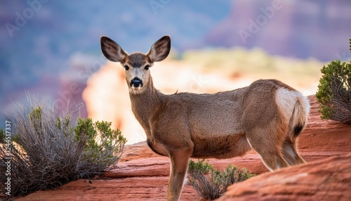 Intimate Encounter with a Majestic Deer Amidst the Red Sandstone Arches of Utahs Scenic National Park, Captured in Stunning Clarity. photo