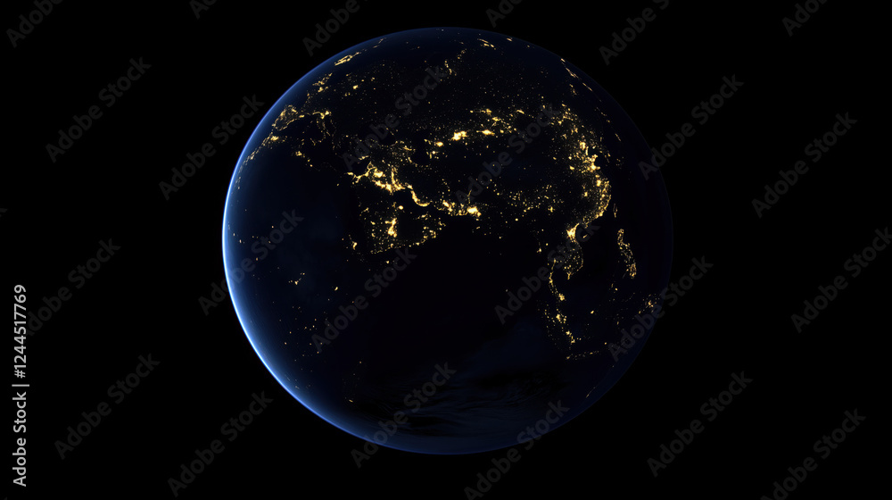 Obraz premium Satellite View of Earth at Night with City Lights Sparkling Across the Globe and Vast Dark Oceans Visible Between Populated Areas