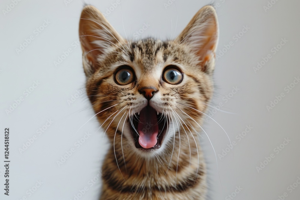 Little tabby grey kitten close up on neutral grey background, copy space for text Little tabby grey kitten close up on neutral grey background, copy space for text