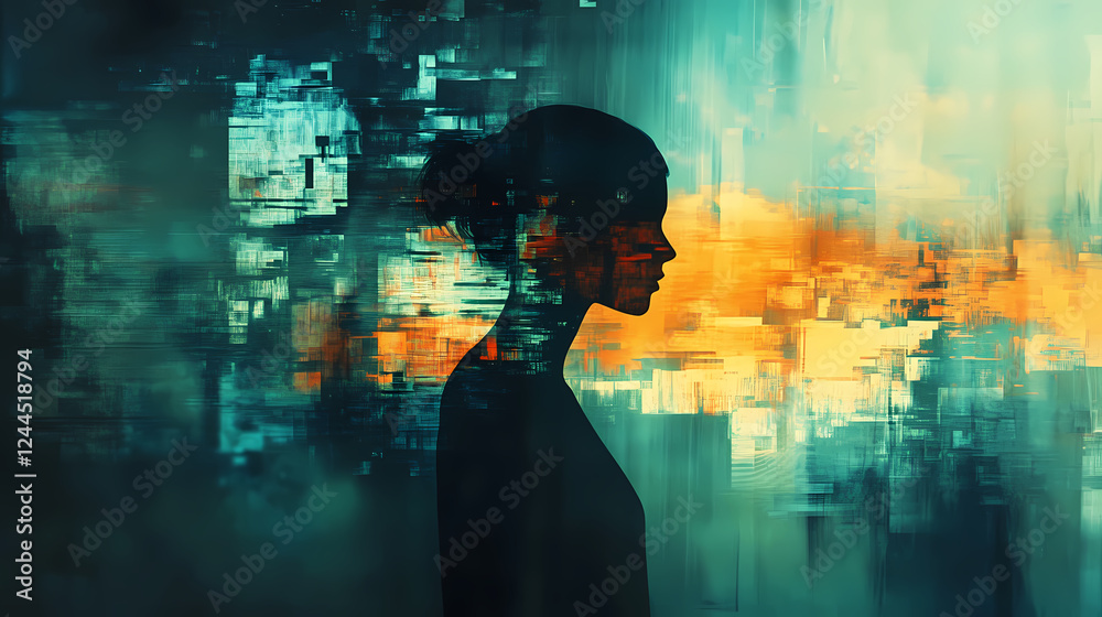 Fototapeta premium Mysterious person's silhouette revealing inner narrative through fragmented dream sequences, symbolic imagery inside mind, psychological storytelling illustration. Narrative Sequences. Illustration