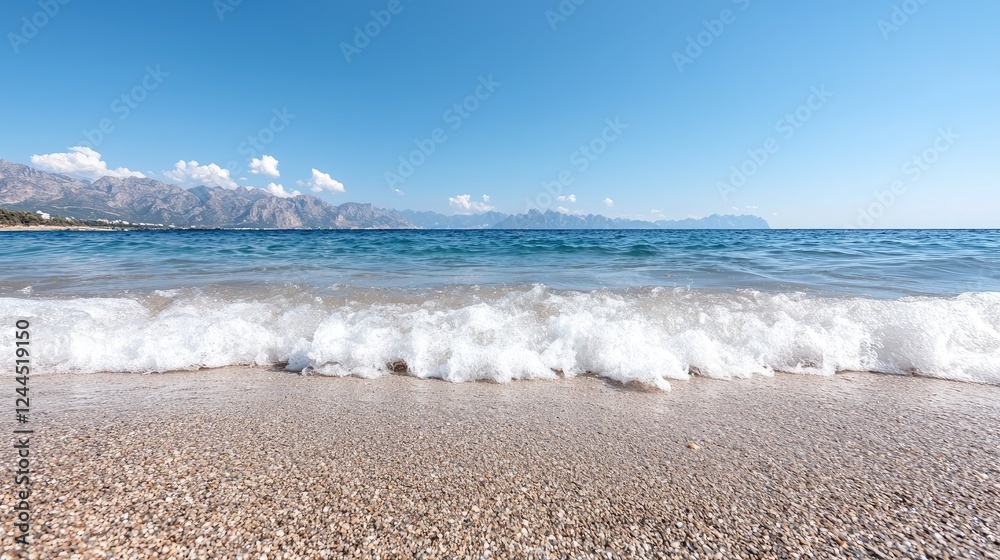 Coastal wave on sandy beach, mountains backdrop; summer vacation Coastal wave on sandy beach, mountains backdrop; summer vacation