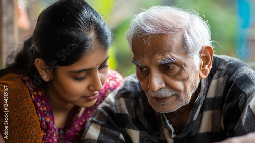 Caring Indian woman supporting elderly man, showcasing familial love and compassionate healthcare within domestic setting photo