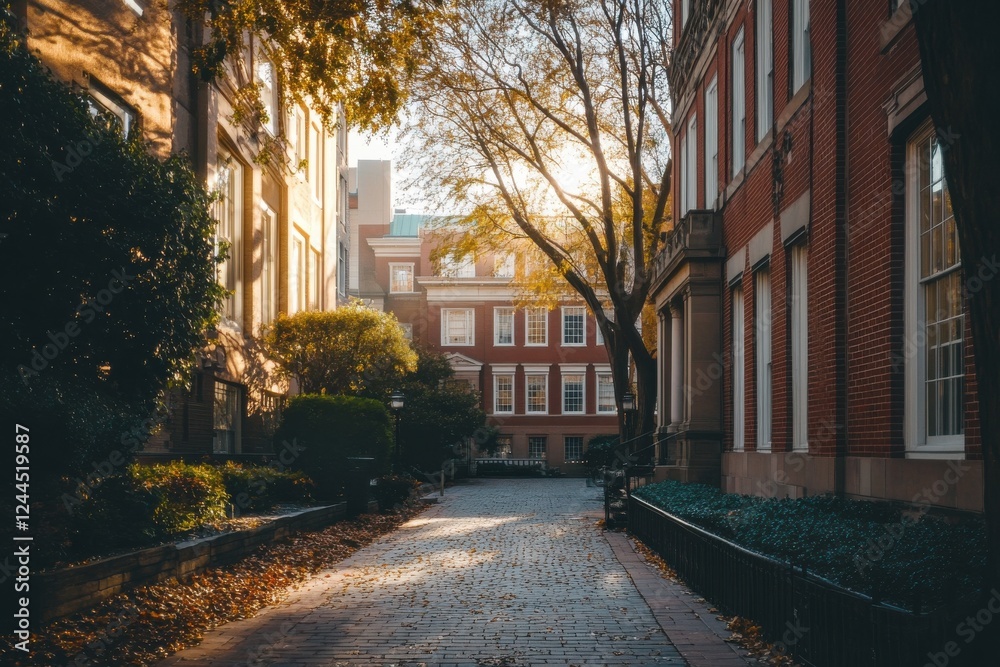 Fototapeta premium Sunlit autumn path between brick buildings.