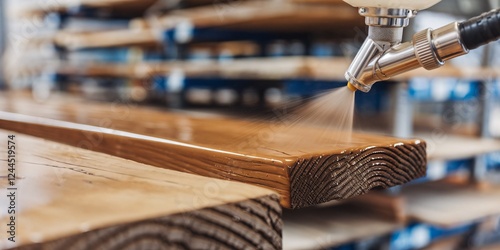 Wood Finishing Process with Spray Gun. Close-up of a spray gun applying finish to wooden planks in a workshop. The process is performed to protect and improve the aesthetic appearance of the wood.