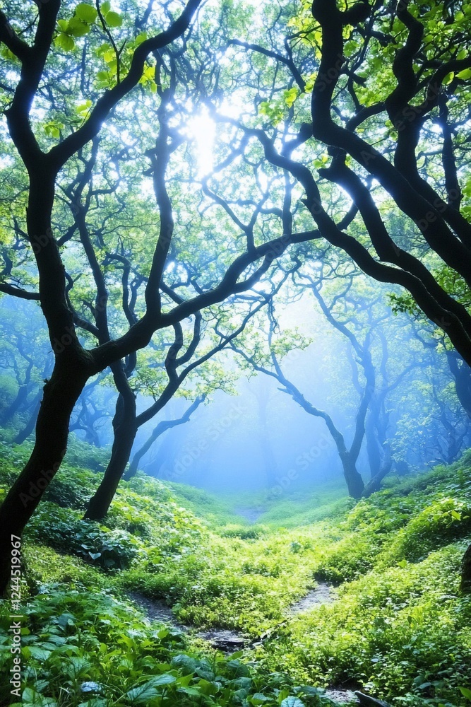 Misty forest path, sunlight, lush greenery, tranquil scene, nature wallpaper