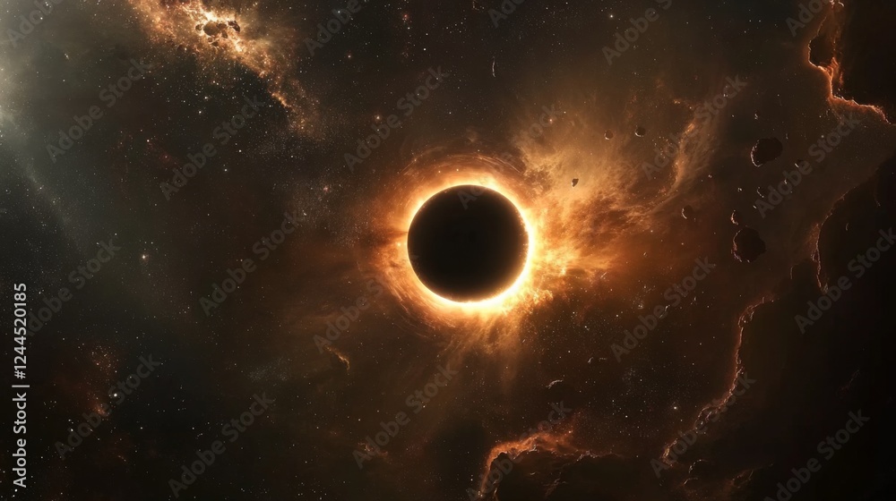 A black hole in space surrounded by nebulae and stars