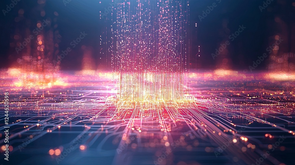 Obraz premium Vibrant digital abstraction with cascading light particles over a circuit board, symbolizing data flow and technological advancement.