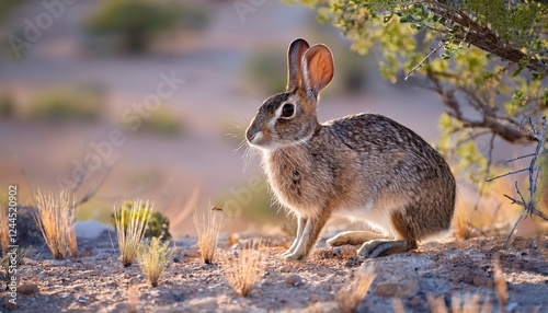 Against the Backdrop of a Golden Sunset, a Playful Desert Cottontail in the Sonoran Landscape, Showcasing the Warm Hues and Textures of Southwestern America. photo