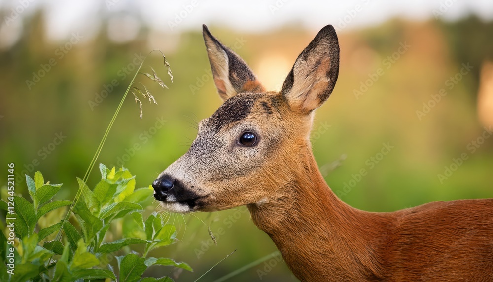 Striking Summer Portrait of a Wild Roe Deer Buck Captivating CloseUp Showcasing Intricate Antlers and Vibrant Fur in a Lush, Forested Landscape Striking Summer Portrait of a Wild Roe Deer Buck Captivating CloseUp Showcasing Intricate Antlers and Vibrant Fur in a Lush, Forested Landscape
