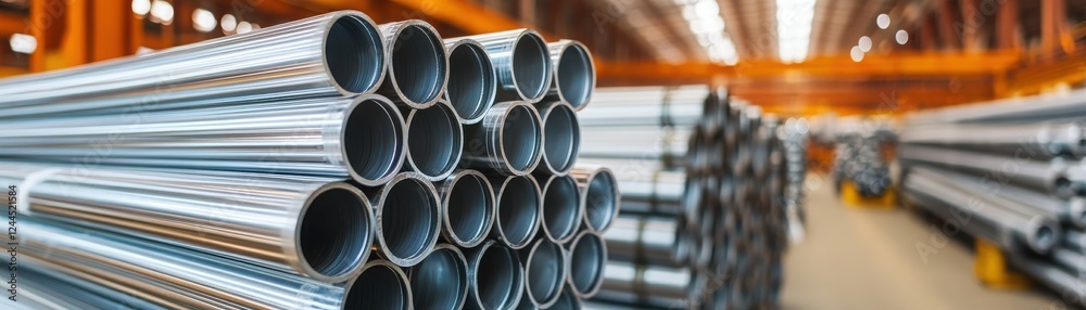 Close-up view of neatly stacked metal pipes in an industrial setting, showcasing the structure and material used in construction. Close-up view of neatly stacked metal pipes in an industrial setting, showcasing the structure and material used in construction.
