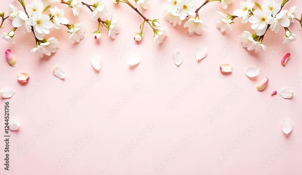 Spring floral background, texture, wallpaper. Flat-lay of white almond blossom flowers and petals over pink background Spring floral background, texture, wallpaper. Flat-lay of white almond blossom flowers and petals over pink background