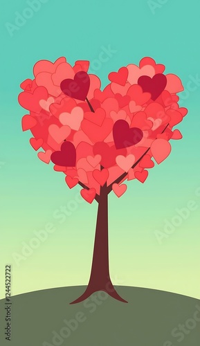 Heart-shaped tree with colorful leaves on green hill