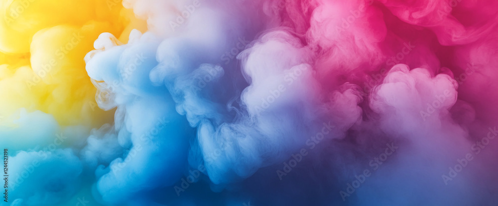 Fototapeta premium A mesmerizing display of vibrant pink, yellow, and blue smoke clouds blending together, symbolizing creativity, energy, and the dynamic beauty of color in an abstract design.