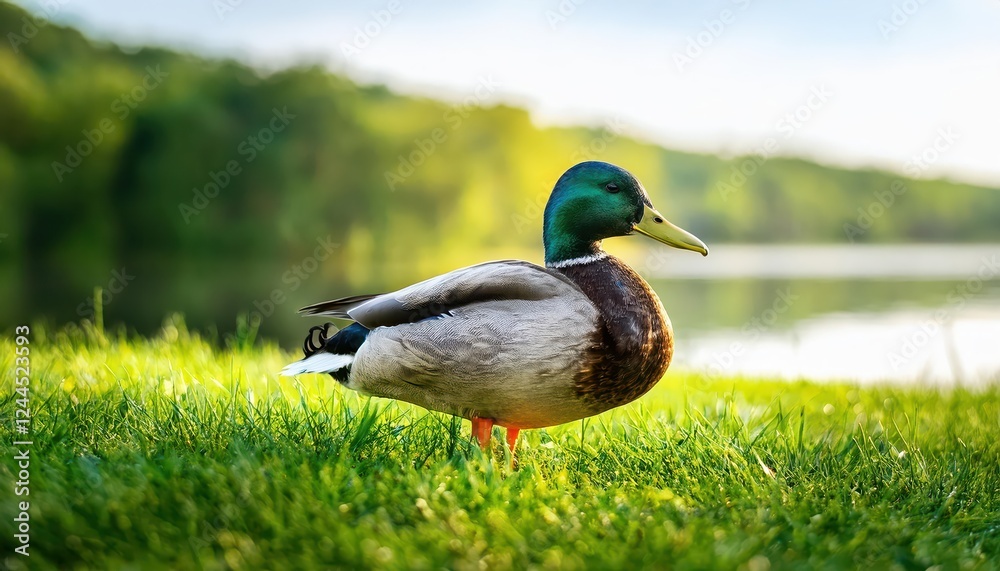 Tranquil Mallard Duck Ambling on Green Grass amidst Natures Serenity A Morning Scene by the Lake or River, Showcasing the Vibrant Hues and Textures of a Peaceful Wildlife Encounter at Dawn. Tranquil Mallard Duck Ambling on Green Grass amidst Natures Serenity A Morning Scene by the Lake or River, Showcasing the Vibrant Hues and Textures of a Peaceful Wildlife Encounter at Dawn.