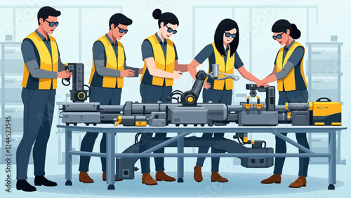 Isometric factory workers. People in uniform working with technology machines and modern robotic arms. Assembly line, manufacturing flawless vector set