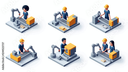 Isometric factory workers. People in uniform working with technology machines and modern robotic arms. Assembly line, manufacturing flawless vector set