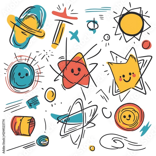In a child's doodle style, icons, quantum mechanics on a white background. Schrödinger's cat in a box, a whimsical atom with orbiting electrons, a simplified quantum wave function